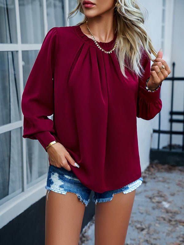 New style women's elegant lace collar long - sleeved solid color top - Top